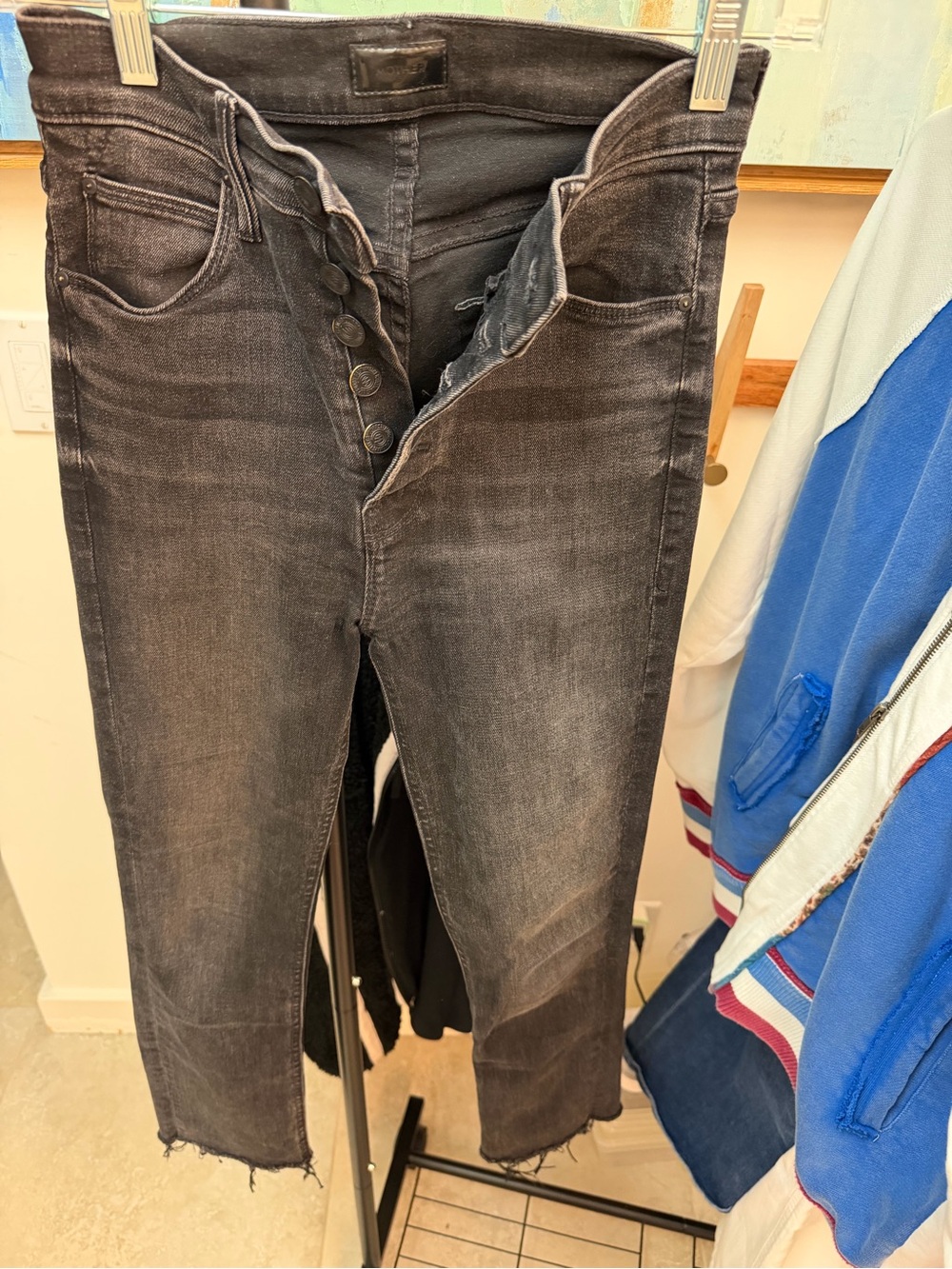 MOTHER The Pixie Dazzler Ankle Fray Slim Black Washed Button-Fly Jeans